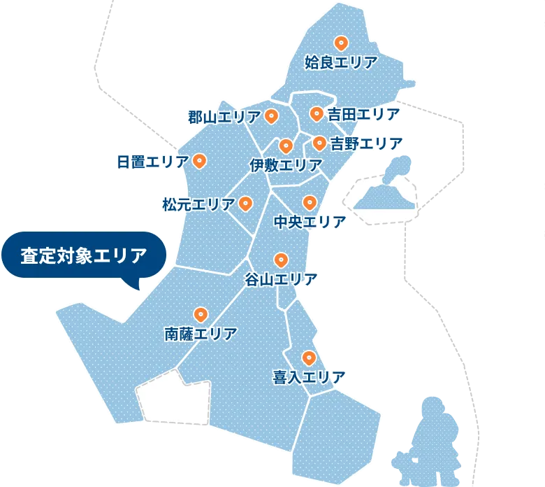 査定対象エリア 姶良エリア/吉田エリア/吉野エリア/郡山エリア/松元エリア/伊敷エリア/中央エリア/谷山エリア/南薩エリア/喜入エリア